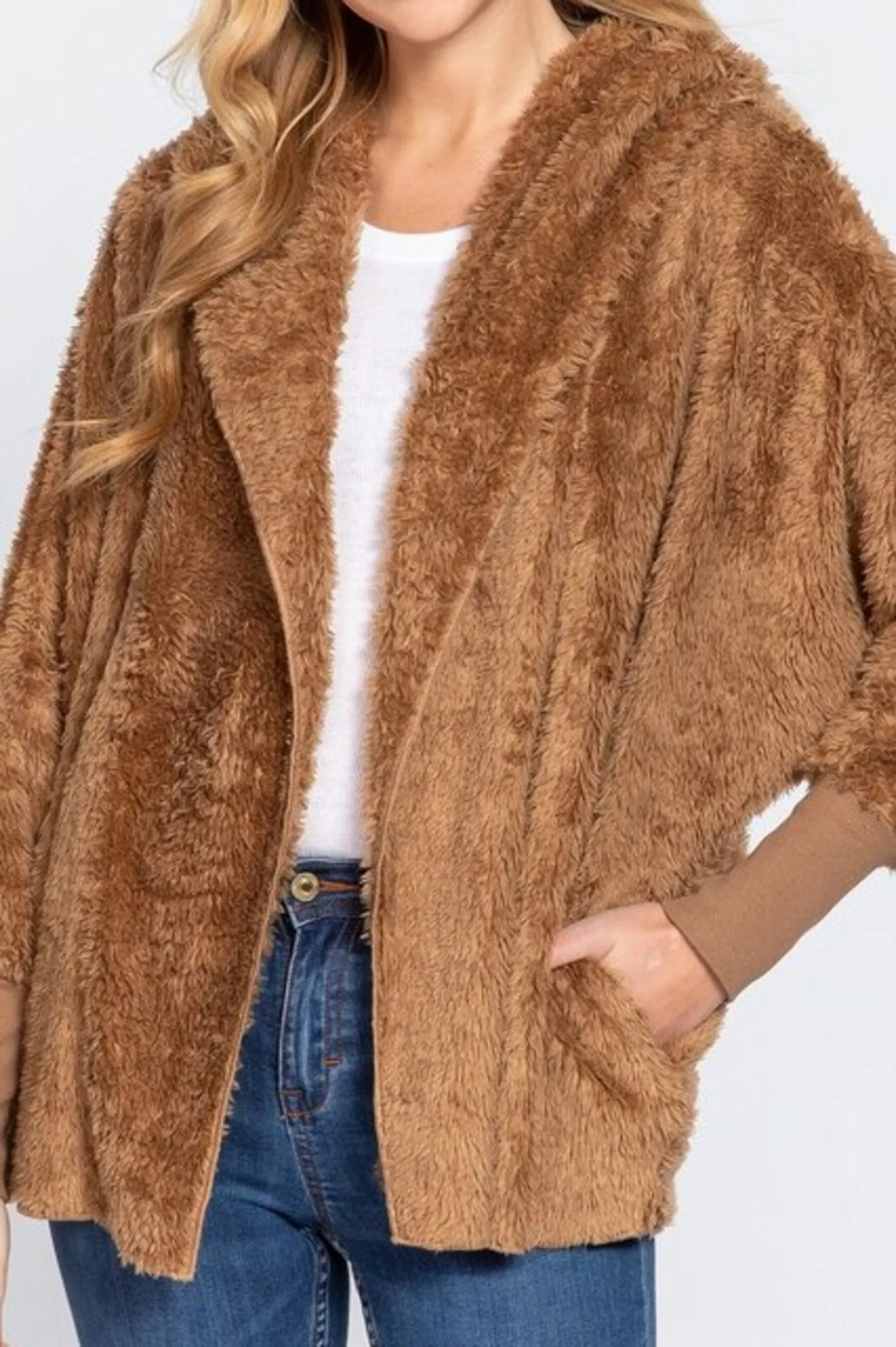 Women's Long sleeve hoodie oversized faux fur open jacket