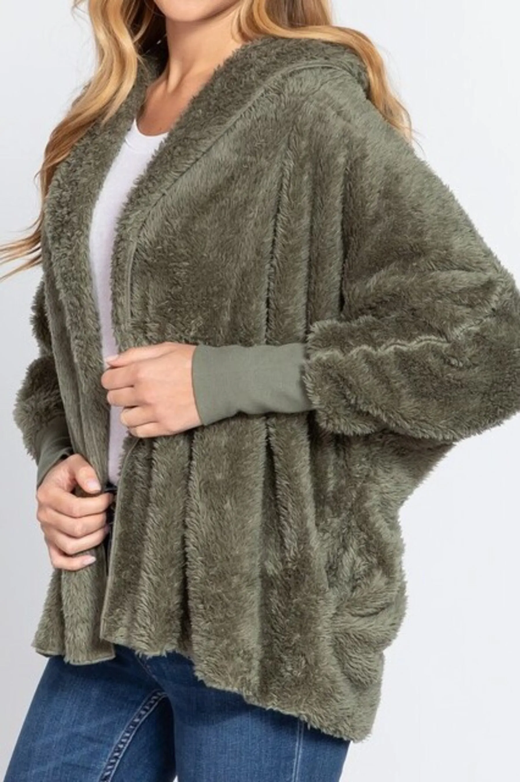 Women's Long sleeve hoodie oversized faux fur open jacket