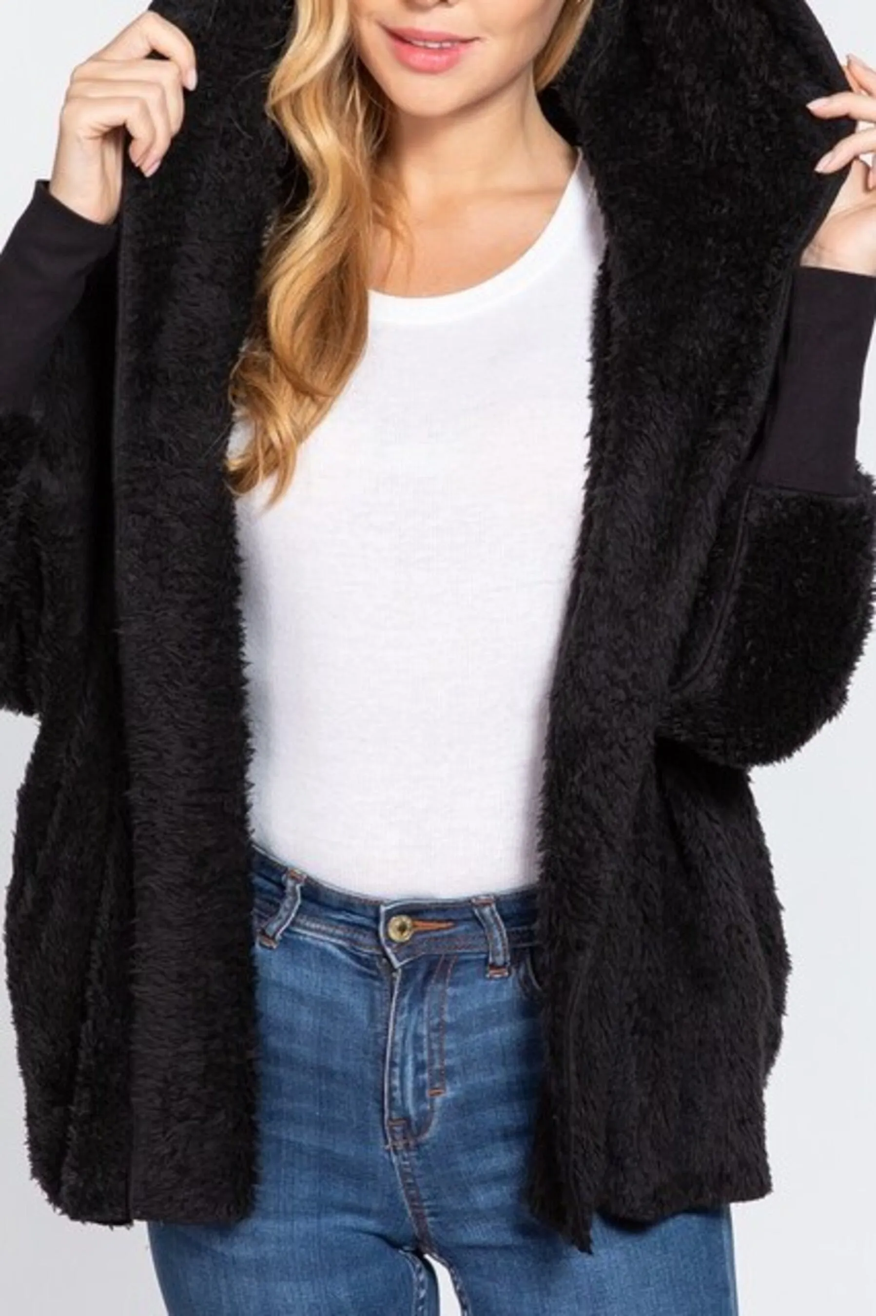 Women's Long sleeve hoodie oversized faux fur open jacket