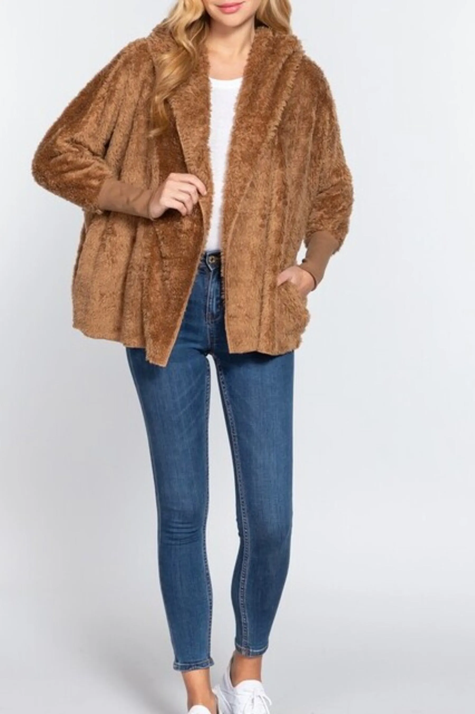 Women's Long sleeve hoodie oversized faux fur open jacket