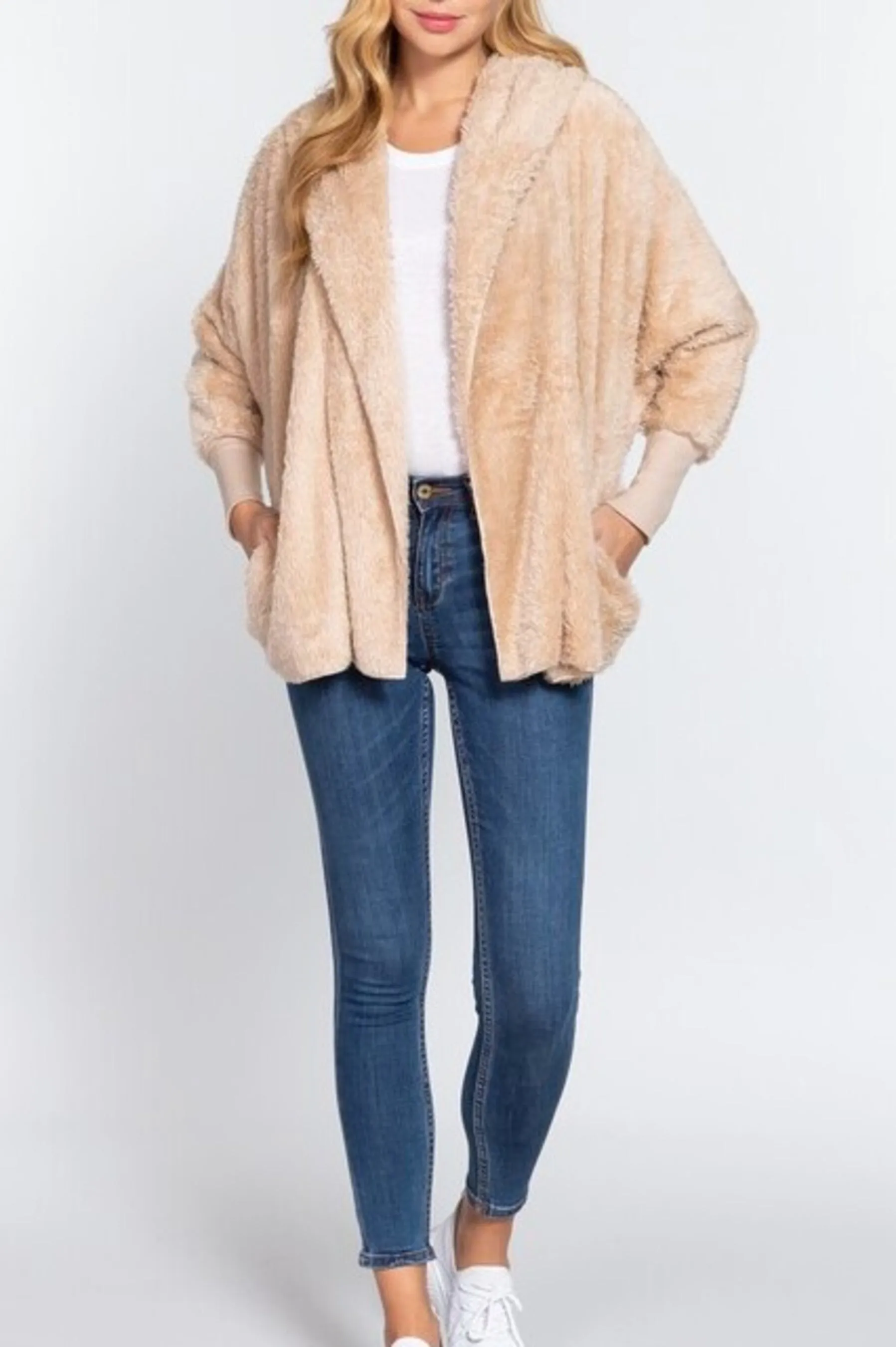 Women's Long sleeve hoodie oversized faux fur open jacket