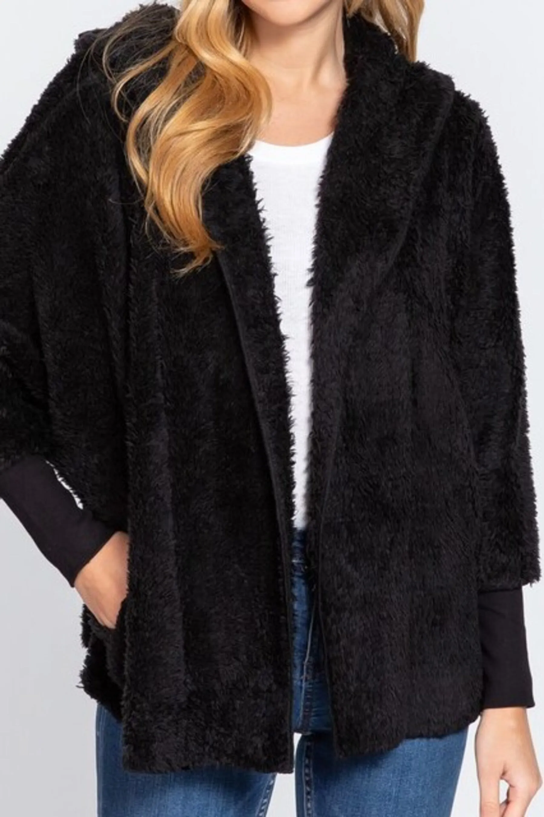 Women's Long sleeve hoodie oversized faux fur open jacket