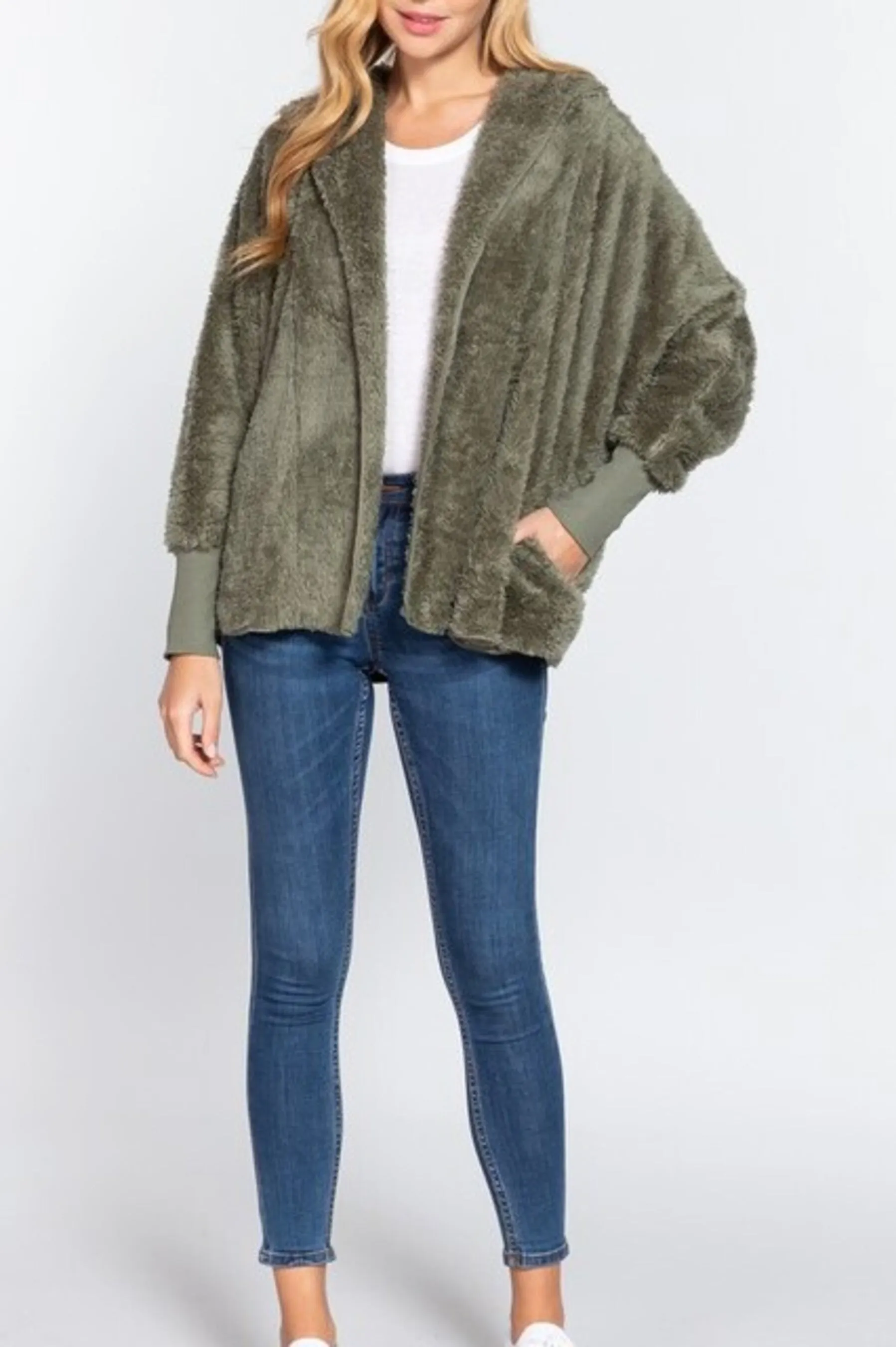 Women's Long sleeve hoodie oversized faux fur open jacket