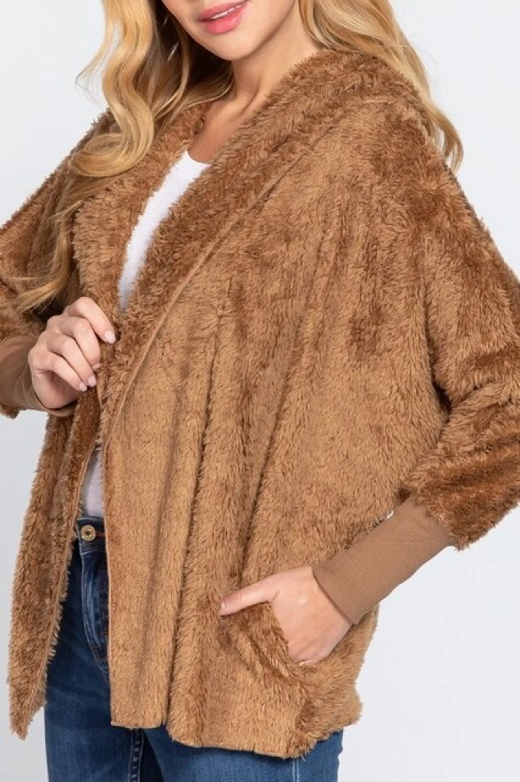 Women's Long sleeve hoodie oversized faux fur open jacket