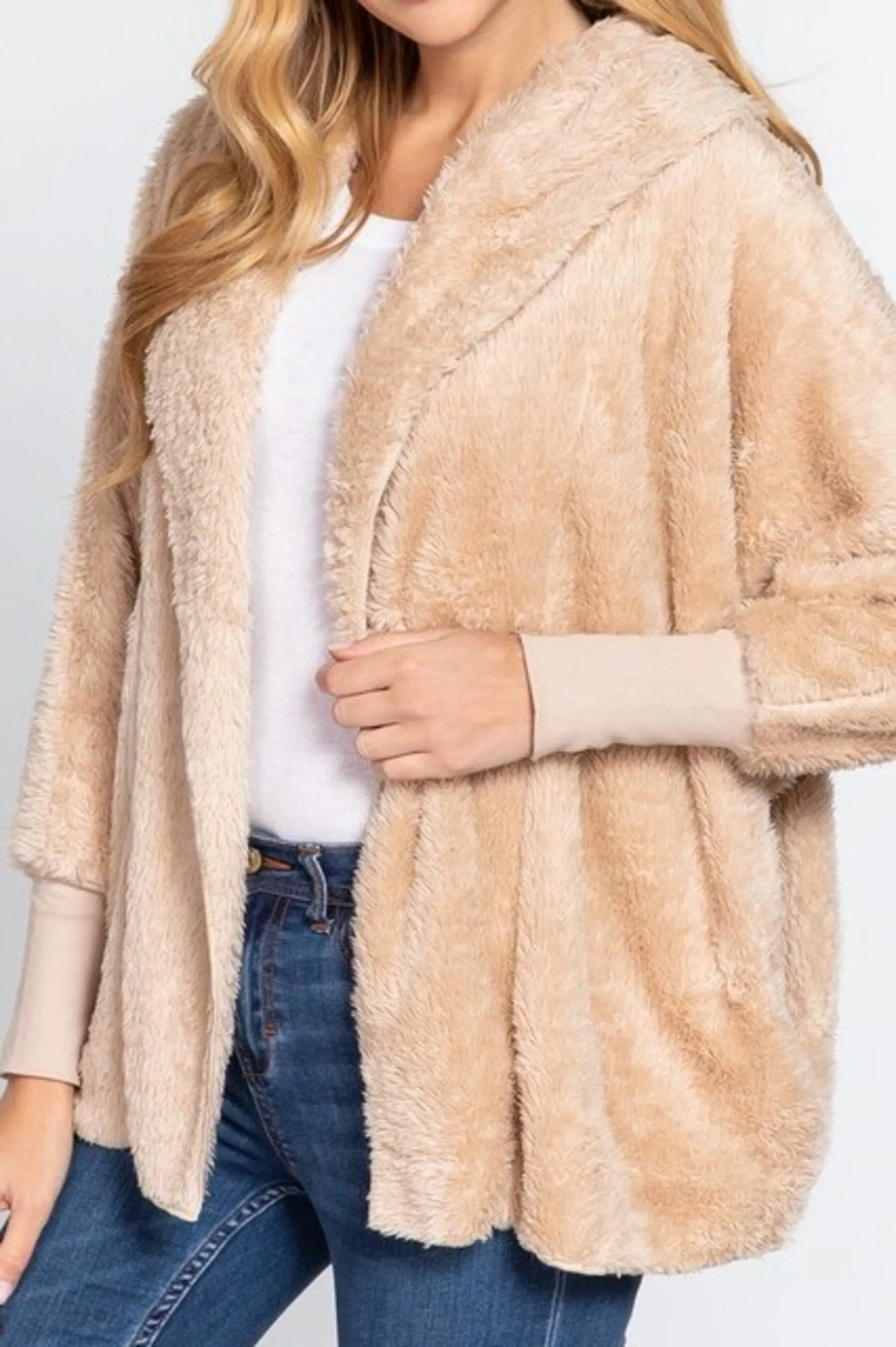 Women's Long sleeve hoodie oversized faux fur open jacket