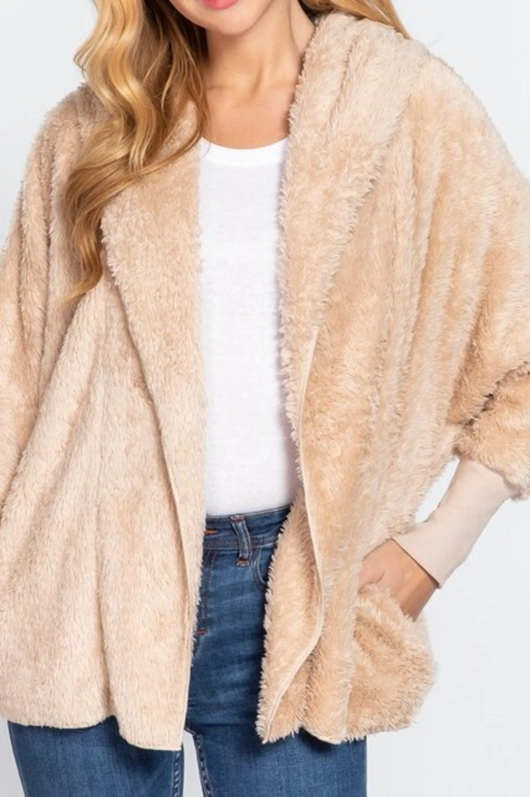 Women's Long sleeve hoodie oversized faux fur open jacket