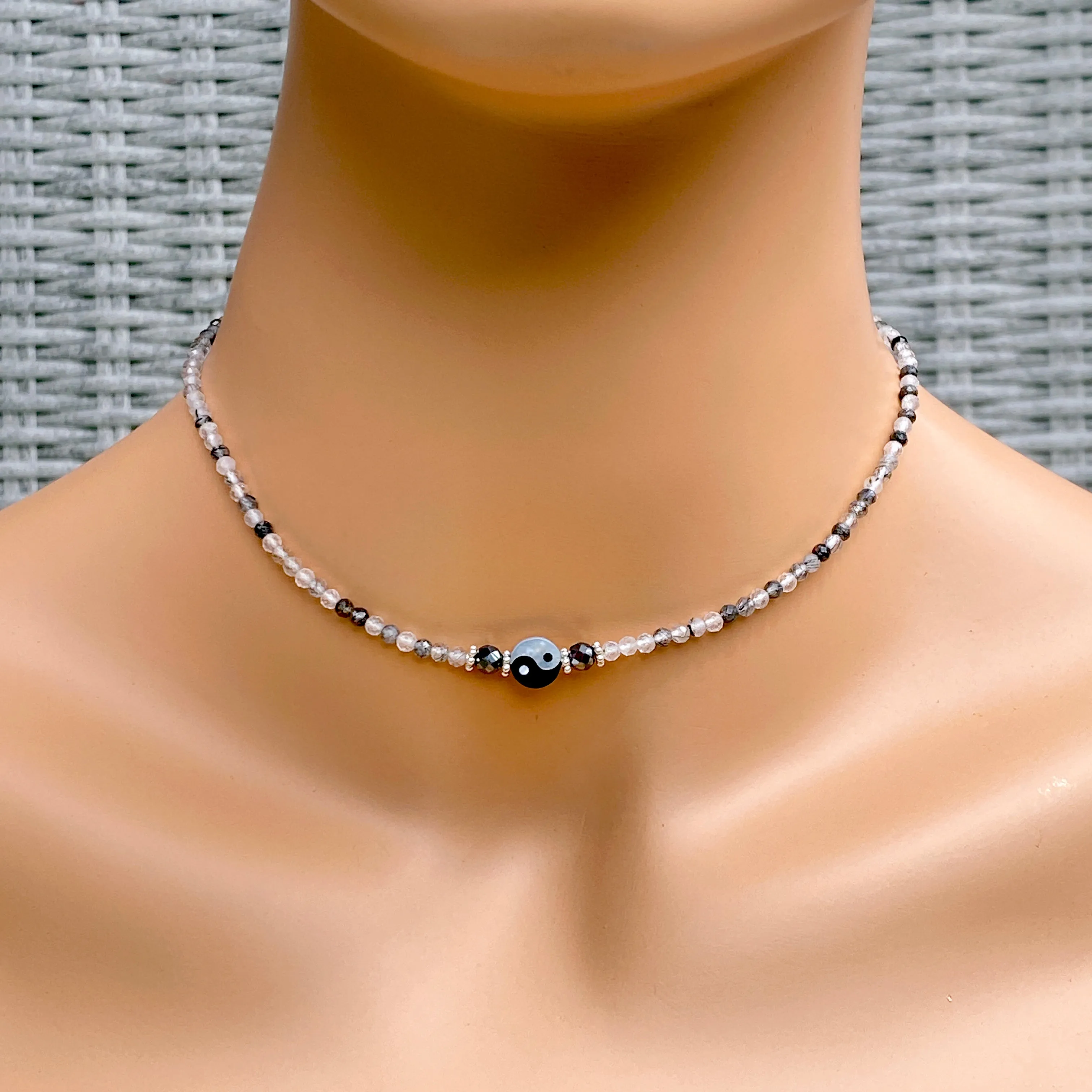 Yin Yang, Black Diamonds, tourmaline Quartz, and Sterling Silver Choker